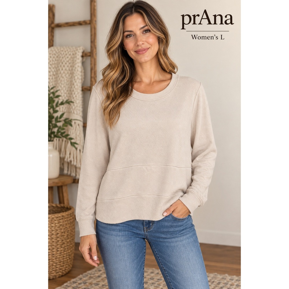 Prana Large Cream Textured Ripple Crewneck Sweatshirt Recycled Pullover Size L